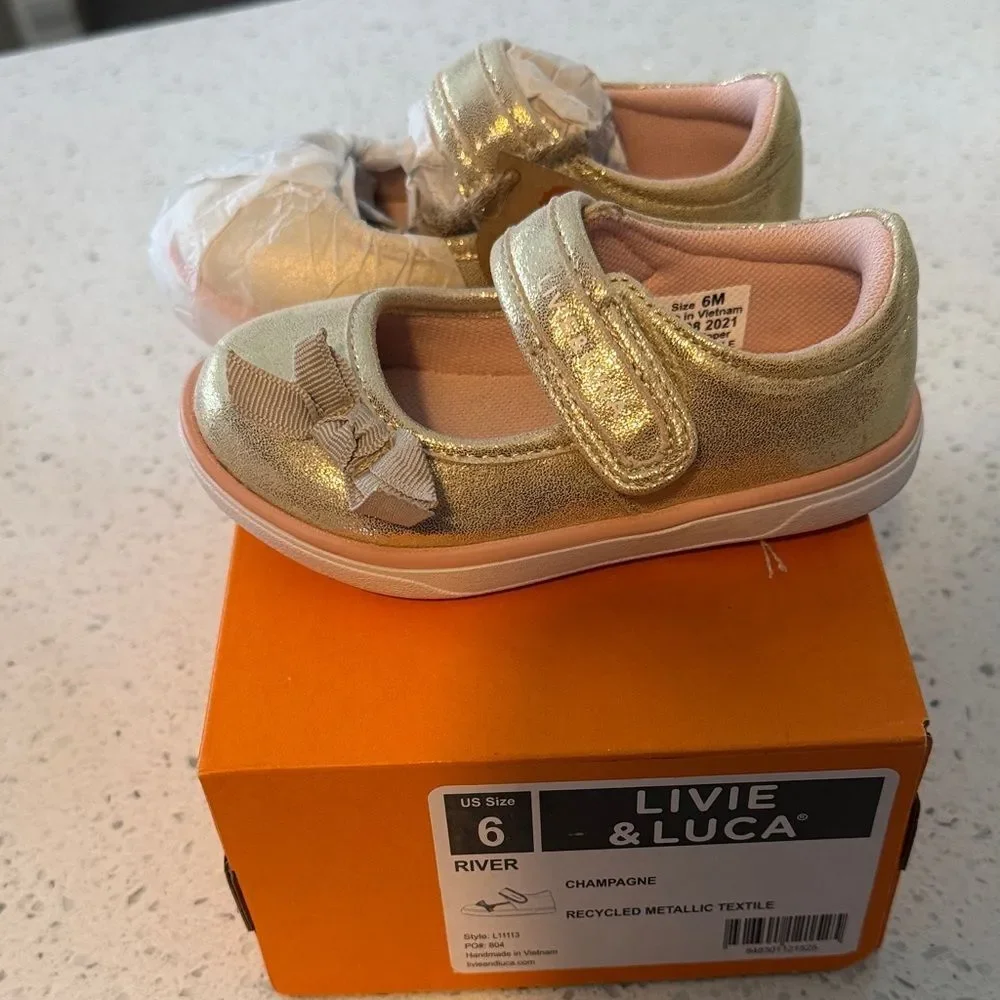 Livie & Luca Gold Champagne Mary Jane Girls' Shoes with Pink Lining
